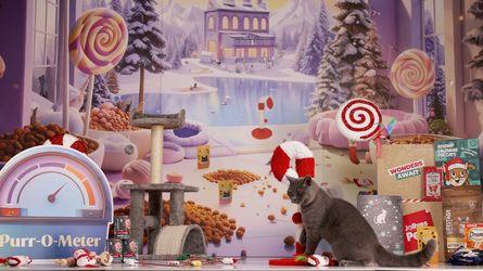 A gray cat stands among festive decorations, including candy canes, a "Purr-O-Meter," and a snowy backdrop with lollipops and a house.